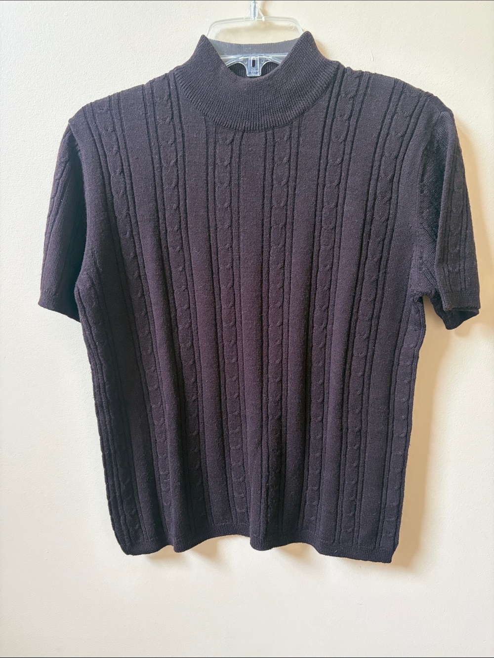 Women's Brown Short-Sleeve Cable Knit Turtleneck Sweater